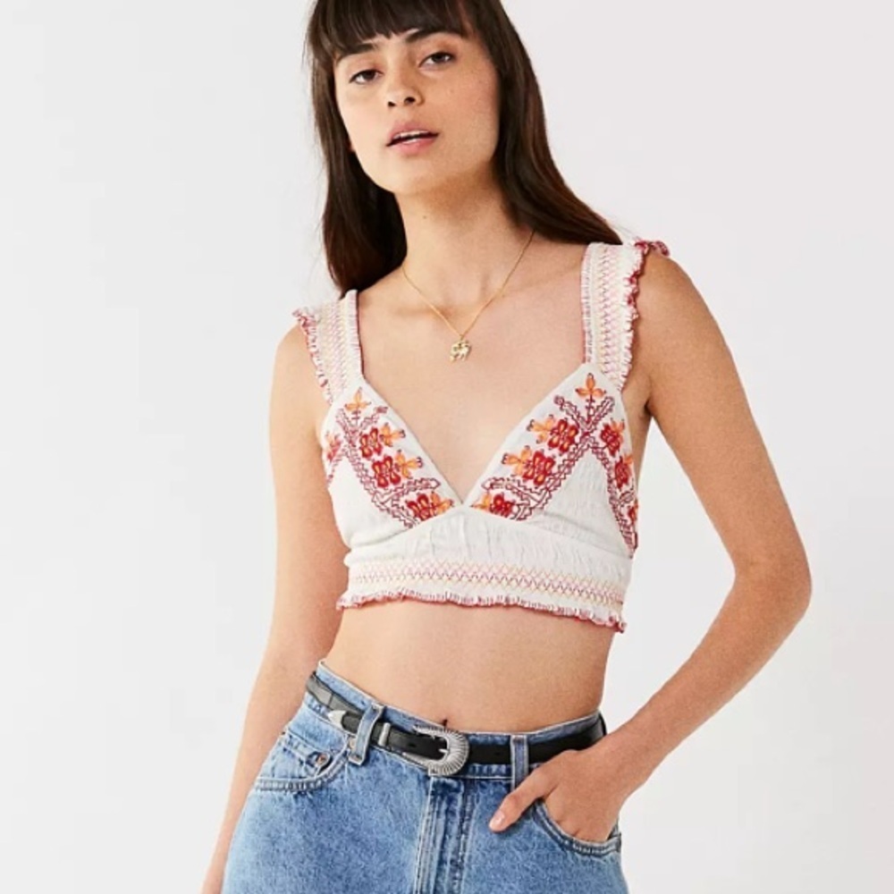Urban Outfitters Cream Embroidered Crop Bralette with Red & Orange Accents